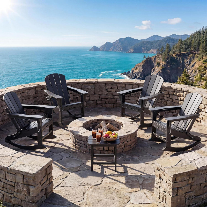 2 chaises berçantes pliantes Adirondack avec repose-pieds rétractable - PEHD texturé bois, porte-gobelet pour patio, Noir