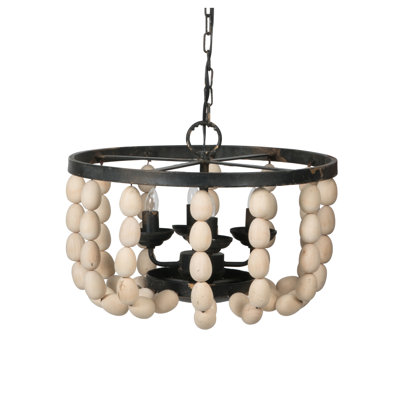 Small Black Wood Frame Chandelier with Cream Beaded Detail (4-Light)