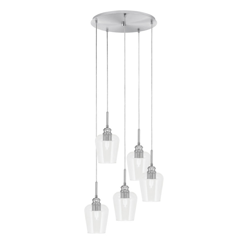 Luminaire suspendu grappe 5 lumières Edge avec verre à bulles transparent 5 po Edge, Nickel brossé
