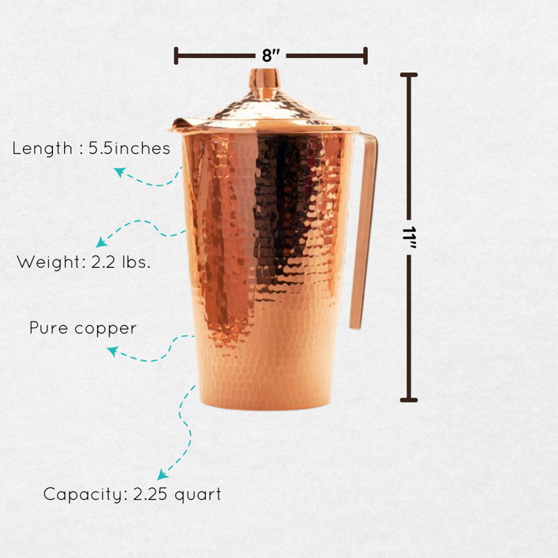 Gangotri Copper Water Pitcher with Lid, 11" D x 8" W x 5.5" D
