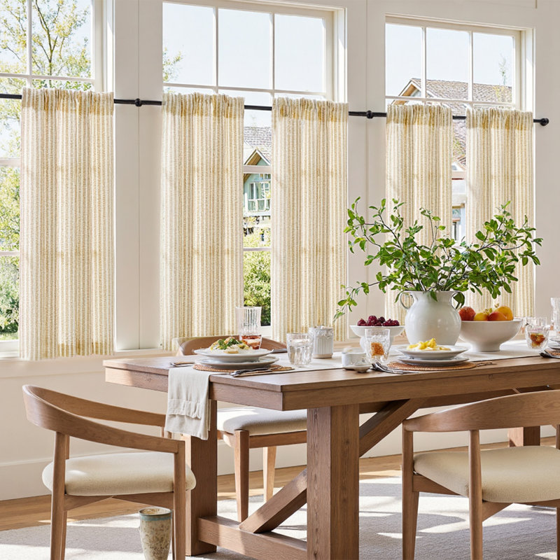 Rideaux de cuisine en lin à rayures avec passe-tringle, Beige, L 26 po x L 45 po