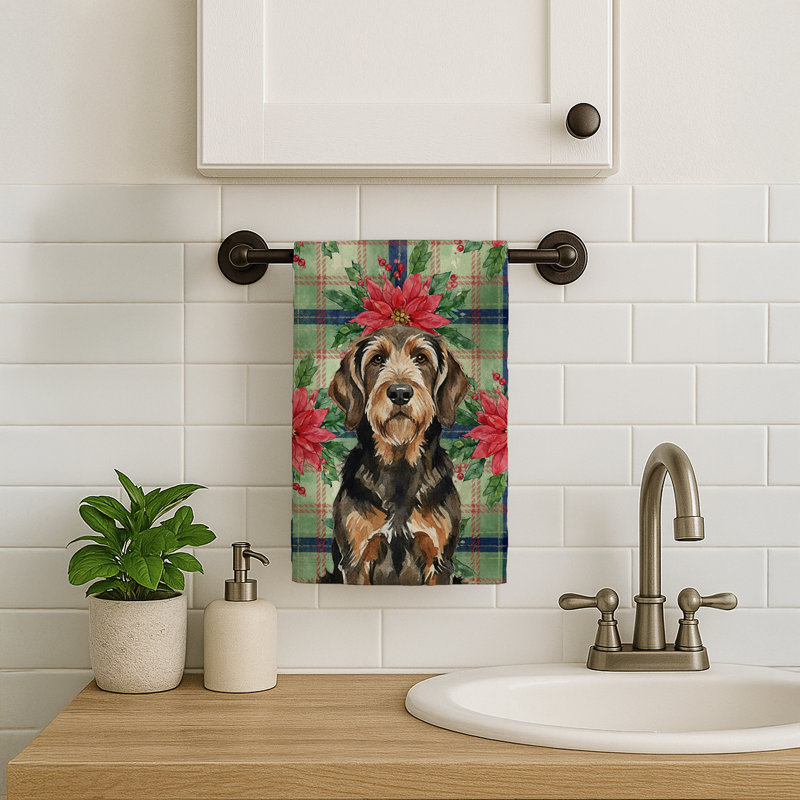 Black and Tan Otterhound Christmas PoinsettIas Kitchen Towel, Black/Tan Otterhound
