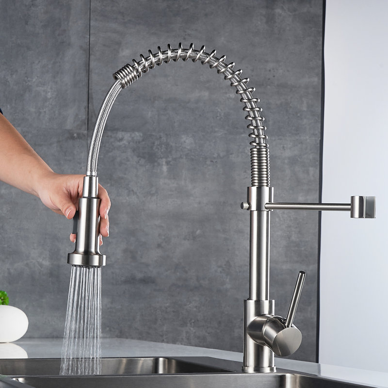 Robinet de cuisine rétractable, finition nickel brossé, poignée à levier unique, robinet d'évier à poignée rotative à 360 ° avec bec rétractable, nickel, buse à degrés