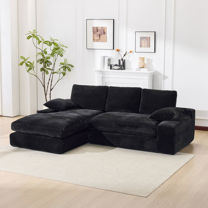 Canapé-lit modulaire en forme de L noir à 4 places, style minimaliste moderne, 99 x 69 po, rembourré avec mousse et velours côtelé doux avec structure à ressorts