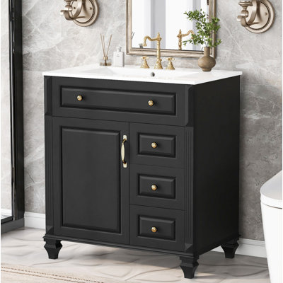 Meuble-lavabo autoportant noir de 30 pouces avec comptoir en céramique, fabrication en bois massif et panneau de fibres à densité moyenne, tiroir rabattable, 3 tiroirs de rangement et armoire de rangement fermée pour les solutions de rangement de salle de bain