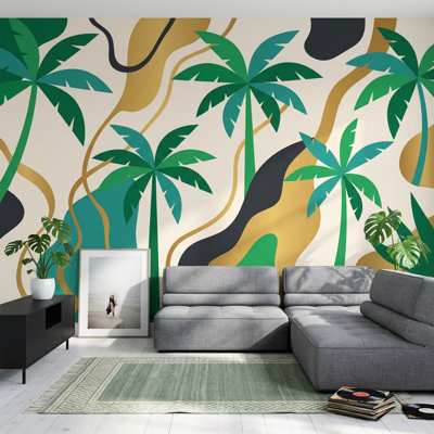 Papier peint palmiers tropicaux avec vagues abstraites vertes et bleu sarcelle