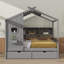 Lit de style maison en bois avec 2 tiroirs et tablette de rangement-122511061