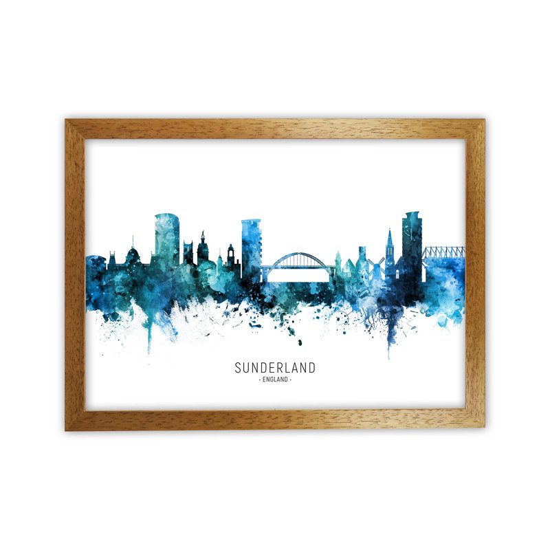 Sunderland England Skyline Blue City Name by Michael Tompsett - Print, 46cm H x 63cm W x 3cm D, Oak Framed