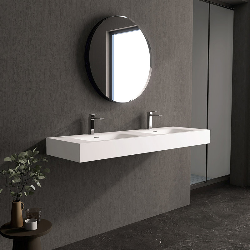 Lavabo de salle de bain double 59 po en résine rectangulaire avec trou pour robinet 59 po