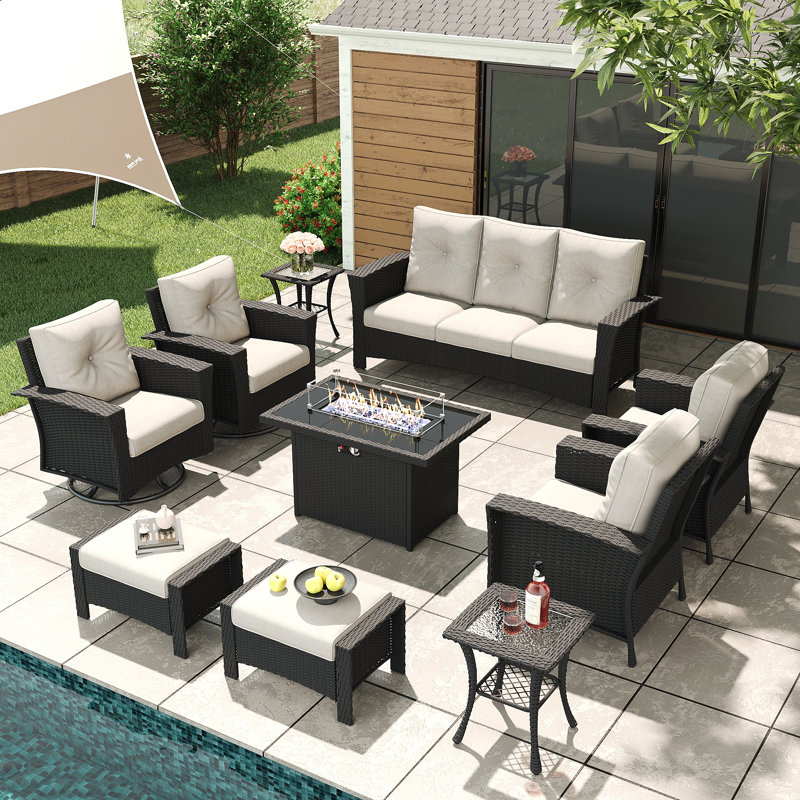 10 Piece Wicker Patio Furniture Set With Fire Pit Table, Classis Outdoor Conversation 360 Degree Swivel Chairs Set With Coffee Table
