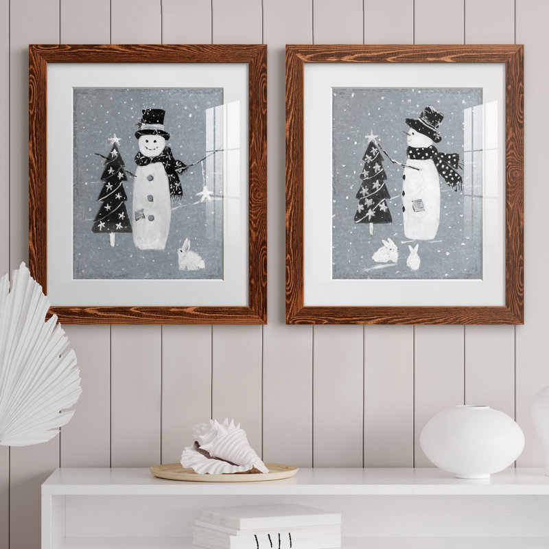 «Snowman Galvanized I», ensemble de 2 reproductions, H 24 po x l 36 po x P 1,5 po, Blanc, Papier avec cadre érable