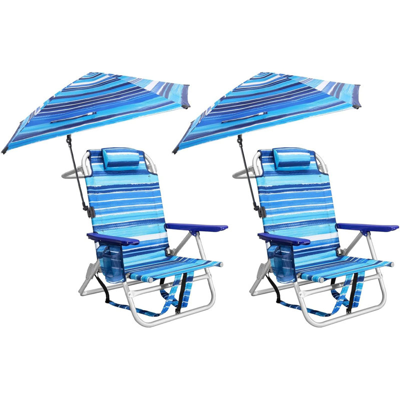 2pcs Beach Chair, Backpack Chairs For Adults With Adjustable Umbrella， Adjustable Lounge Chair For Seaside, Blue Striped, 2