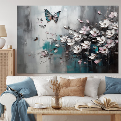Flowers With Butterflies Painting V - Floral Canvas Print