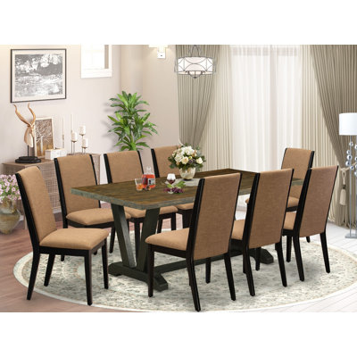 9-Pc Set Consists of a Distressed Jacobean Wooden Table and 8 Light Sable Linen Fabric Parson Chairs with High Back - Wire Brushed Black Finish