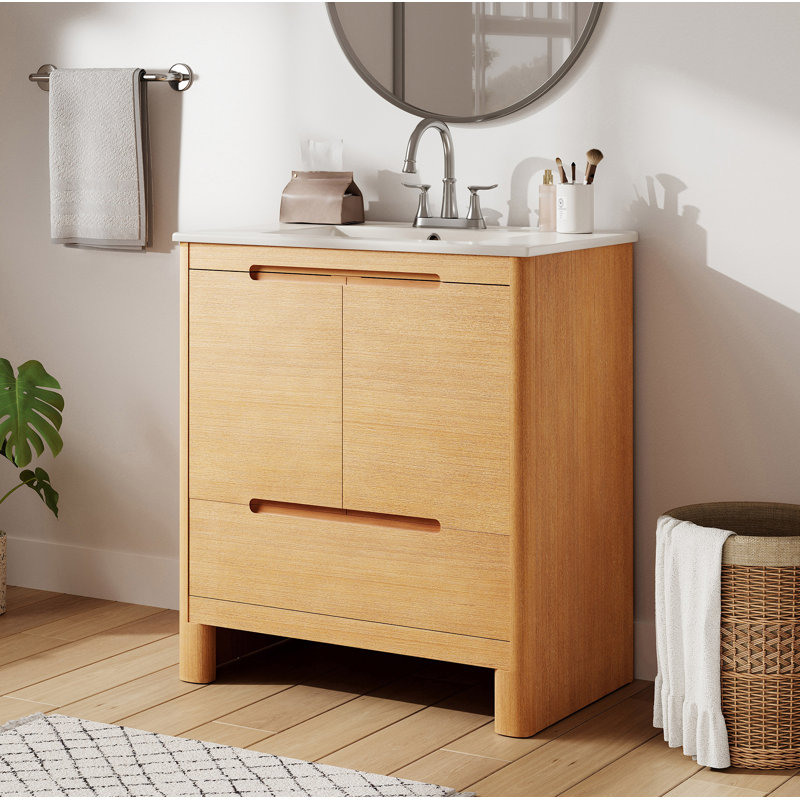 Meuble-lavabo moderne 30 po avec lavabo en céramique, grain de bois naturel, structure en bois massif, portes et tiroir à fermeture en douceur, tablette réglable, ensemble tout-en-un, chêne