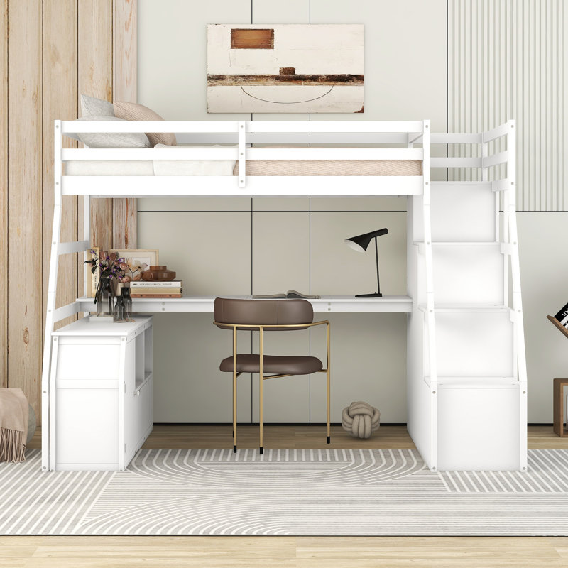 Lit mezzanine simple avec 7 tiroirs, 2 tablettes et bureau - Blanc, Blanc
