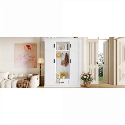  Arbre d'entrée moderne blanc perle avec banc, organisateur de rangement de hall d'entrée avec crochets, tiroir et tablettes réglables pour le couloir VIBE HAUS 85,2 po H