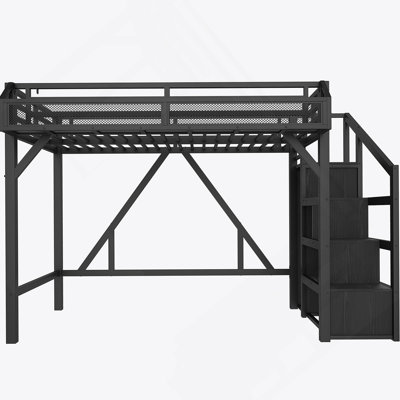 Twin XL Loft Bed With Storage Stairs, Shelves And Built-In Wardrobe, Metal Loft Bed Frame With USB Ports And LED Lights, Noise-Reduced Design, Black