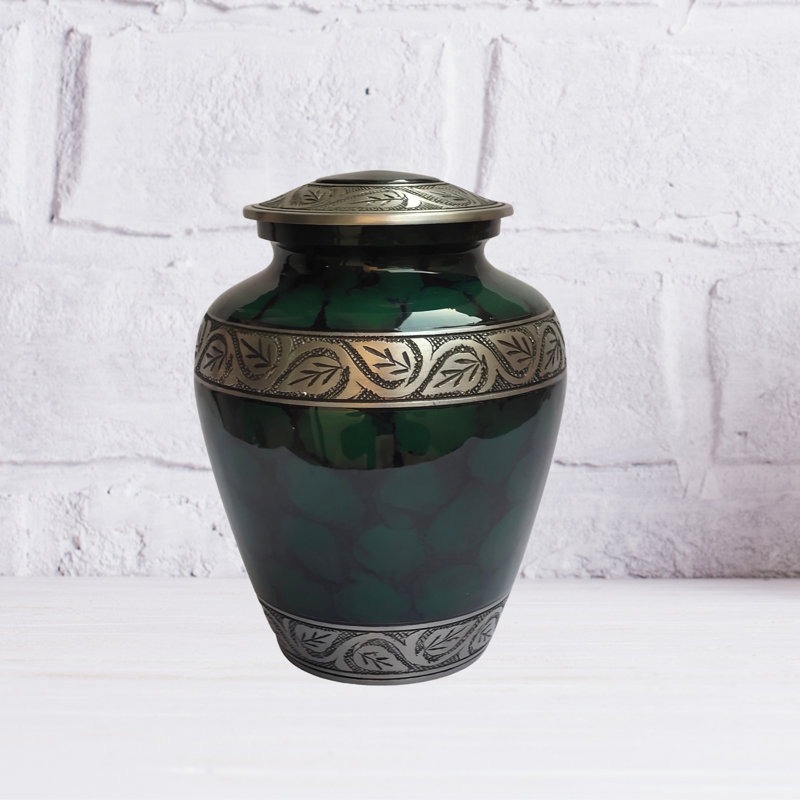 Rigved Etched Vine Handcrafted Large Cremation Urn , Green