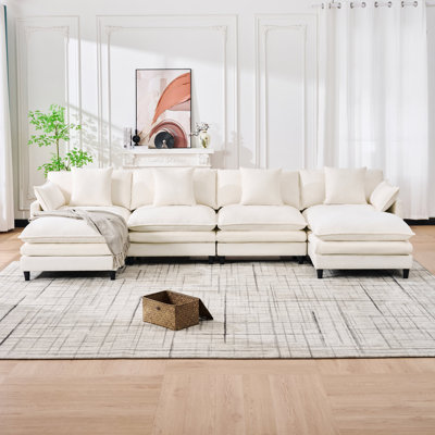 Canapé modulaire en forme de U de 140,9 pouces, idéal pour le salon ou la chambre à coucher. Il est livré avec 2 repose-pieds mobiles, 4 coussins et 2 coussins décoratifs. Fabriqué en tissu de cachemire doux, en beige