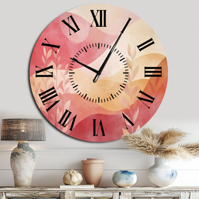 Horloge murale moderne surdimensionnée en métal, motif paysage abstrait de feuilles roses