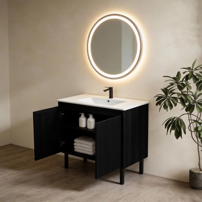 Valdren 36" Freestanding Vanity with Integrated Ceramic Basin, Black, Black, 36
