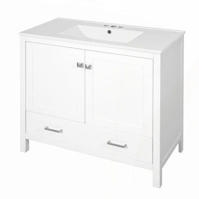 Meuble-lavabo blanc 36 po avec lavabo en céramique, portes à fermeture douce, tablettes de rangement doubles et tiroir divisé - moderne et spacieux