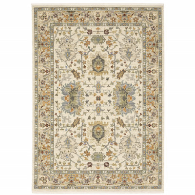 Oriental Machine Woven Gray/Beige Wool and Nylon Blend Area Rug