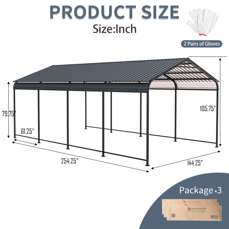 12 X 21 Ft Metal Carport, Rust - Proof And High Strength Galvanized Steel, Ideal For Outdoor Gatherings Heavy Duty Carport With Steel Construction, Vertical Stripe Roof To Reduce Collapse Risk, Multi