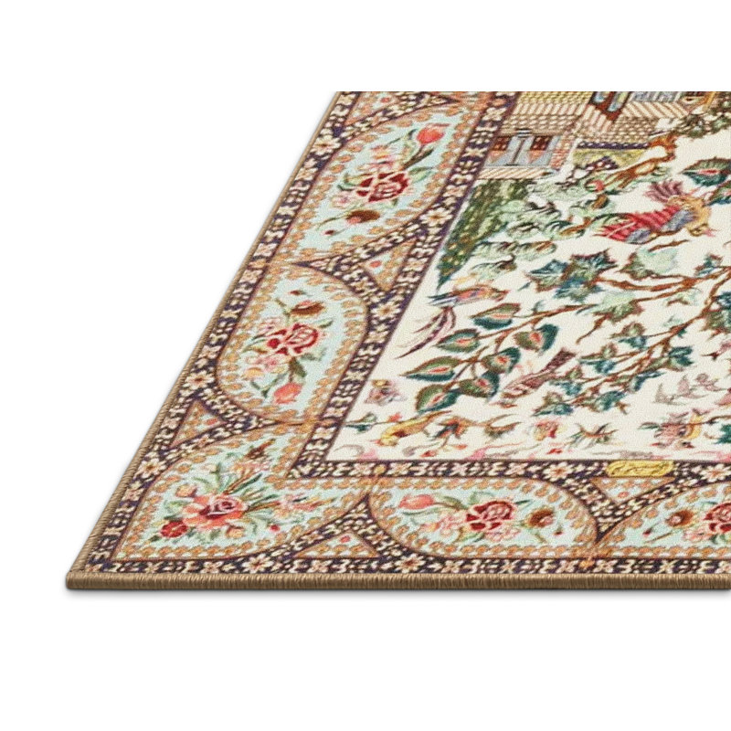 Tapis floral brun / beige / bleu à motif floral, Rectangle 5 pi x 7 pi
