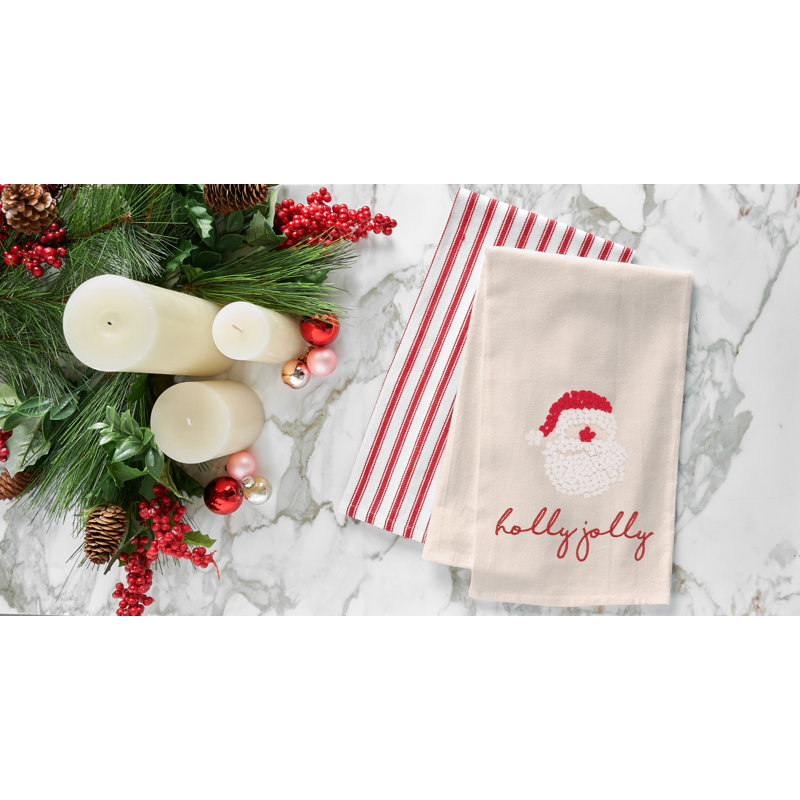 Holly Jolly Santa Flour Sack Embroidered Cotton Kitchen Towel