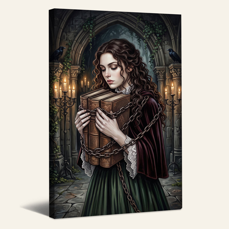 Femme tenant des livres enchaînés à la bougie, Halloween sur toile gothique, H 30 po x l 20 po