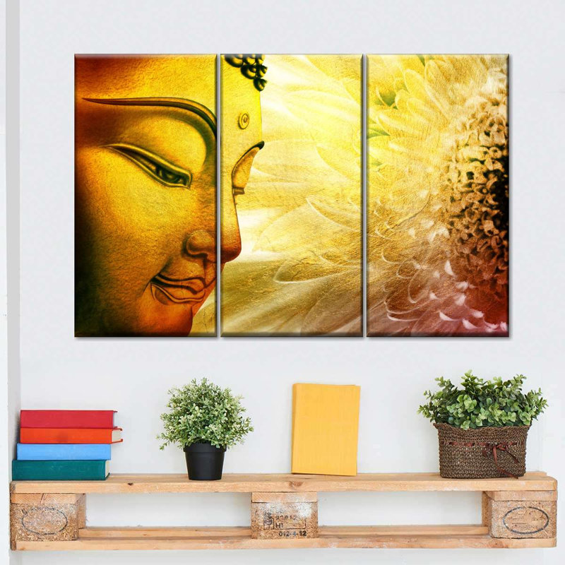 Noble bouddha sur toile, ensemble de 3 pièces, H 48 po x l 74 po x P 1,25 po
