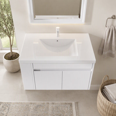 Meuble-lavabo flottant 30 po avec lavabo, armoire de contreplaqué murale, porte à fermeture en douceur, lavabo en céramique anti-débordement