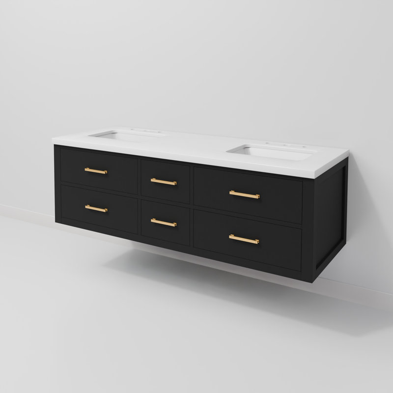 60" Wall-Mounted Double Bathroom Vanity Set, Black, White Cultured Marble