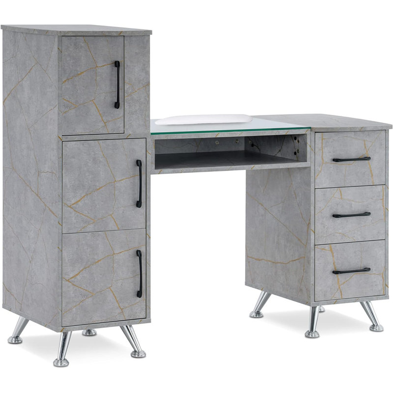 Classic Manicure Table with Glass Top, Nail Desk with Drawers, Vanity Makeup Desk, Gray