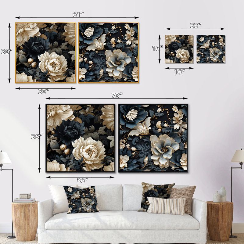 Ilyana - Ensemble de 2 collages carrés botaniques abstraits, Cadre flottant noir, H 16 po x l 33 po