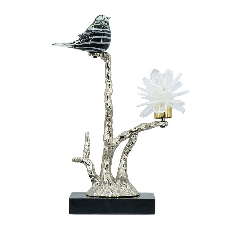 Porte-bougie centre de table inspiré de la nature - Oiseau argenté 15 po sur branche avec base en marbre noir pour décoration campagnarde printanière