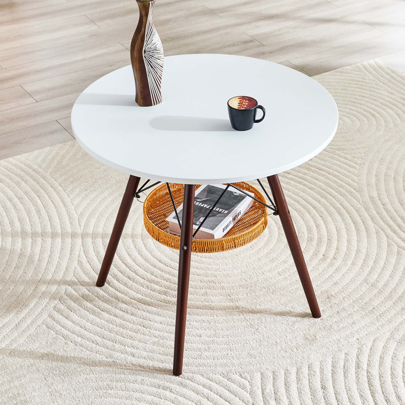 Circular Dining Table with Vacuum Formed Top and Suspended Woven Storage Basket, White