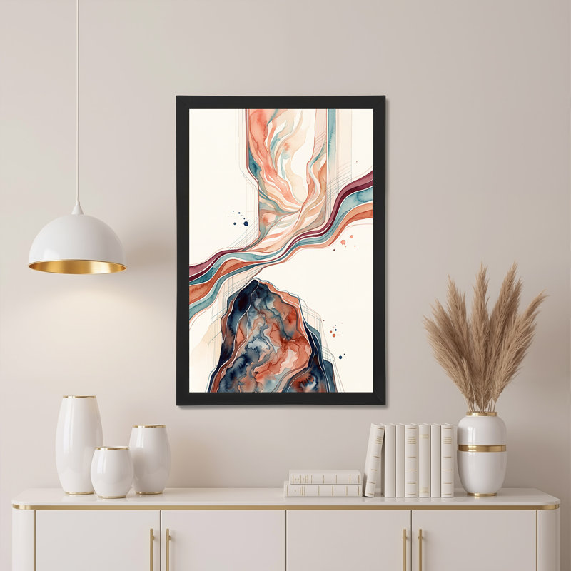 Art abstrait sur toile, rubans aquarelles abstraites en sarcelle et terre cuite, H 30 po x l 20 po