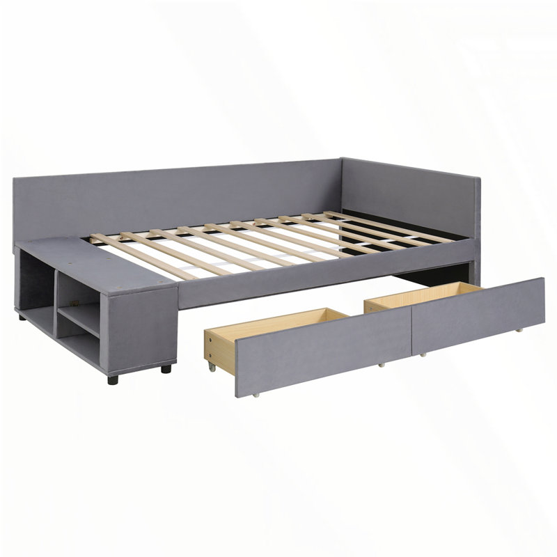 Lit plateforme tapissier en L avec rangement et tiroirs, Gris