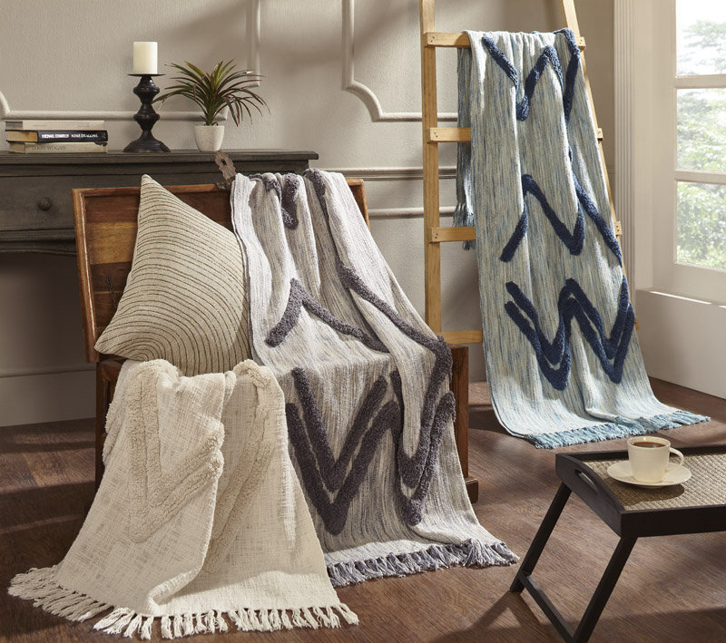 Jeté en coton touffeté à la main avec franges Diamond, Gris