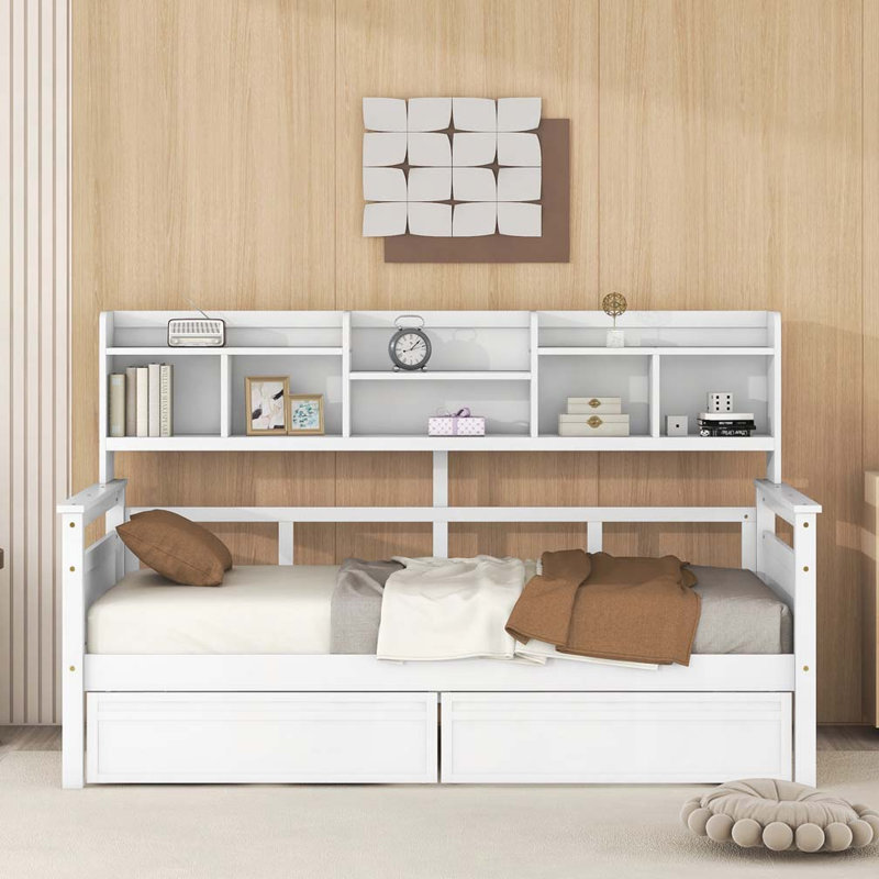 Lit de jour avec tablettes et deux tiroirs de rangement, Lit simple, Blanc