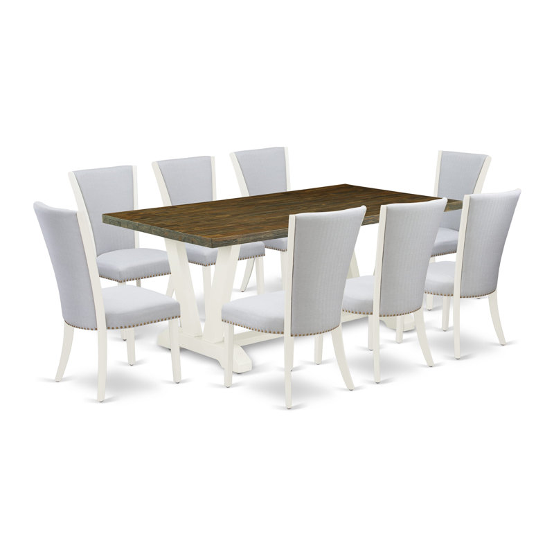 9-Pc Dining Set Contains a Distressed Jacobean Dinner Table and 8 Grey Linen Fabric Dinner Chairs with High Back - Wire Brushed Linen White