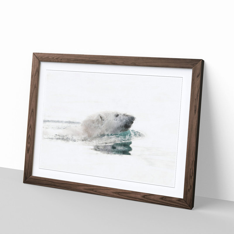 Polar Bear Swimming - Single Picture Frame Painting on MDF, 24cm H x 33cm W x 2cm D, Walnut