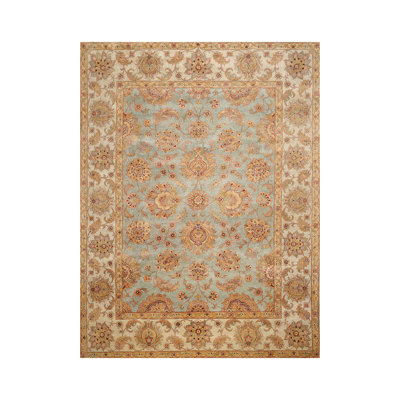 Tapis beige / bleu en laine noué à la main de conception unique 9 pi 1 po x 12 pi Aizah