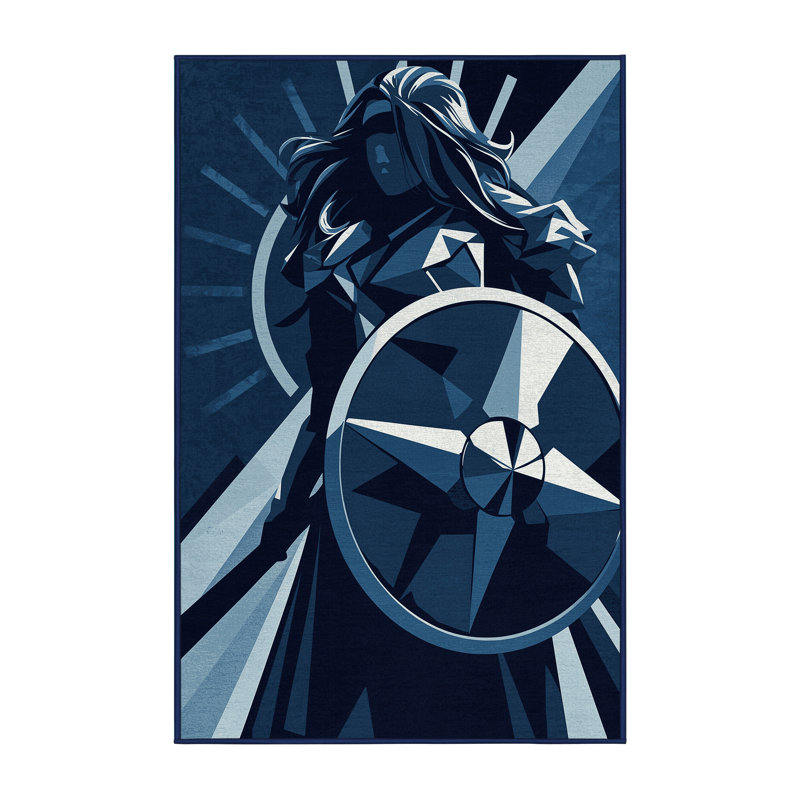 Soft Plush Duran Shield Maiden Modern & Contemporary Geometric Area Rug in Blue – Navy Binding, 8x10