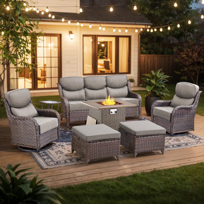 Wickes 7-Piece Outdoor Conversation Set With Fire Pit Table, 3-Seat Sofa & Swivel Gliders, 6" Thick Cushions, All-Weather PE Wicker