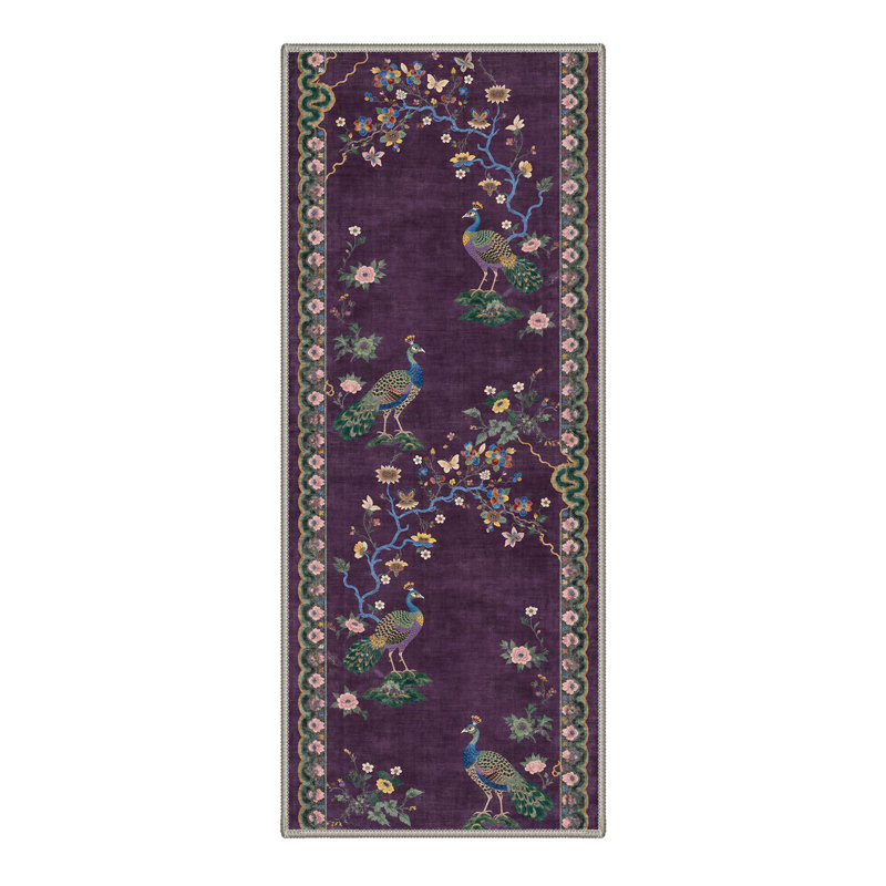 Alfred Peafowl Floral Machine Washable Purple / Green Indoor Area Rug with Non-Slip Backing, Runner 2' x 6'