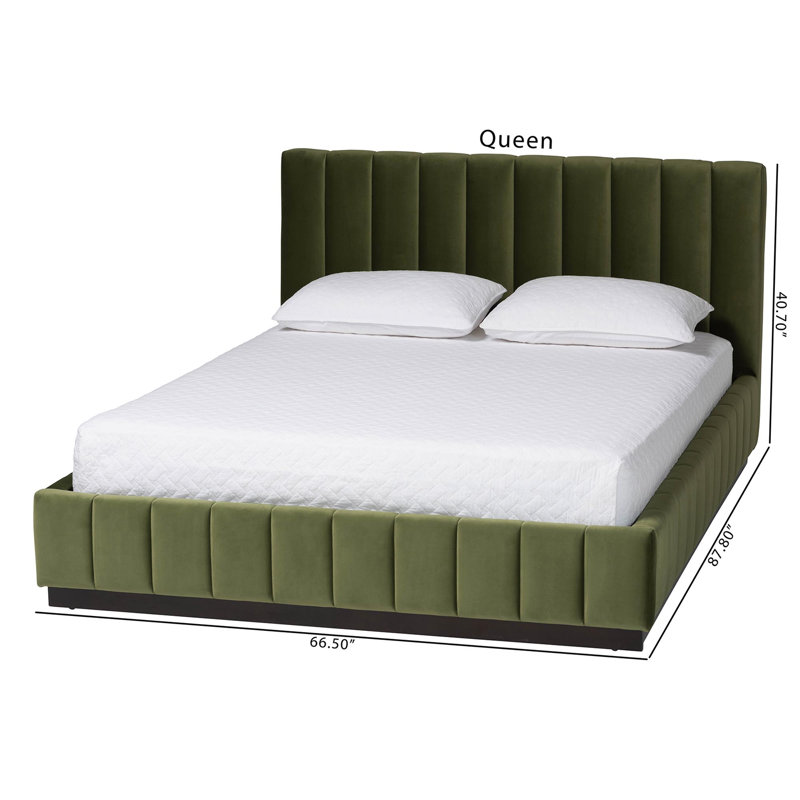 Baxton Studio Granger Velvet Upholstered Platform Bed With Channel Tufted Headboard, Modern Low Profile Bed Frame, Moss Green, Queen